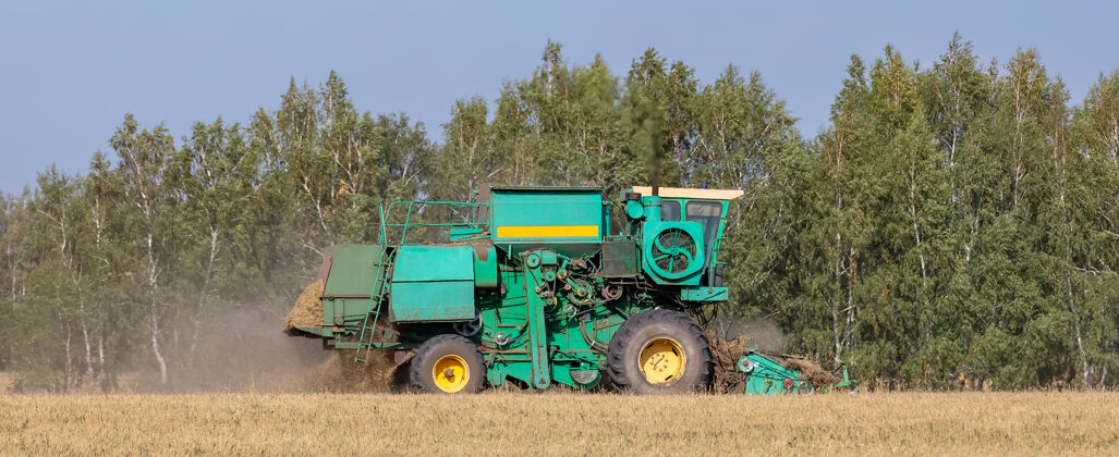 大麦收割机割麦收粮的景象成熟天空农村