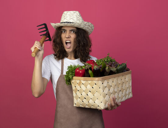 花园愤怒的年轻女园丁穿着制服 戴着园艺帽 拿着菜篮子 举着耙子 孤立地站在粉红色的地面上蔬菜女性愤怒