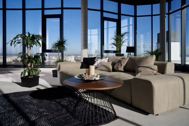 家具现代化宽敞的房间 配有大型全景窗放松舒适花盆