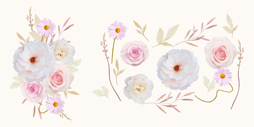植物水彩玫瑰花系列手绘复古叶