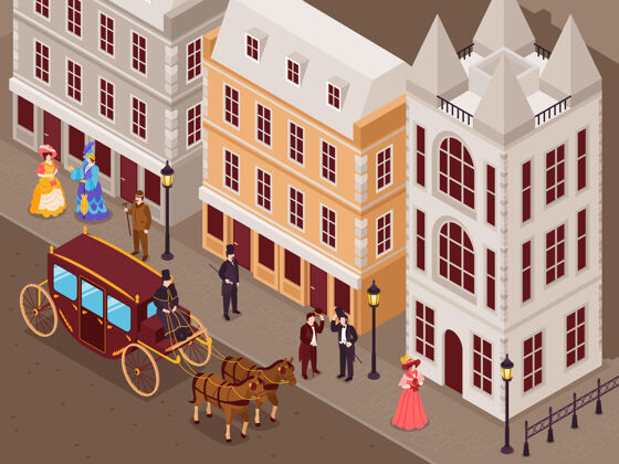 维多利亚时代维多利亚时代的街道与城市房屋绅士女士在时尚的衬裙车厢等距视图城市时代马车