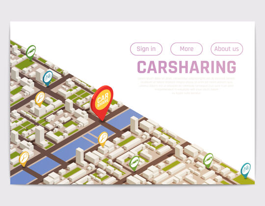 地图CarsharingCarpoolridesharing网站登录页 带有等距城市地图和带按钮的位置标志汽车共享城市网站