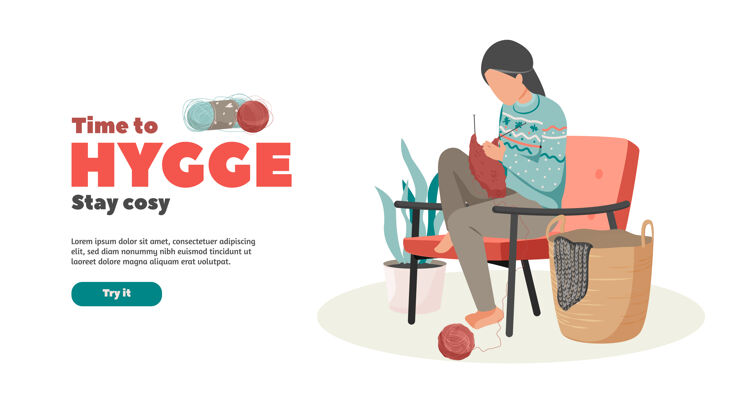 行动号召Hygge生活方式针织妇女平面插图和可编辑文本与尝试它按钮生活方式网页横幅尝试