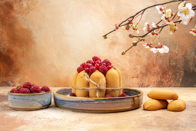 甜点混色桌上新鲜出炉的带水果和饼干的软蛋糕的水平视图饼干放松新鲜