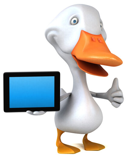 平板电脑有趣的鸭子与平板电脑三维插图3d卡通动物