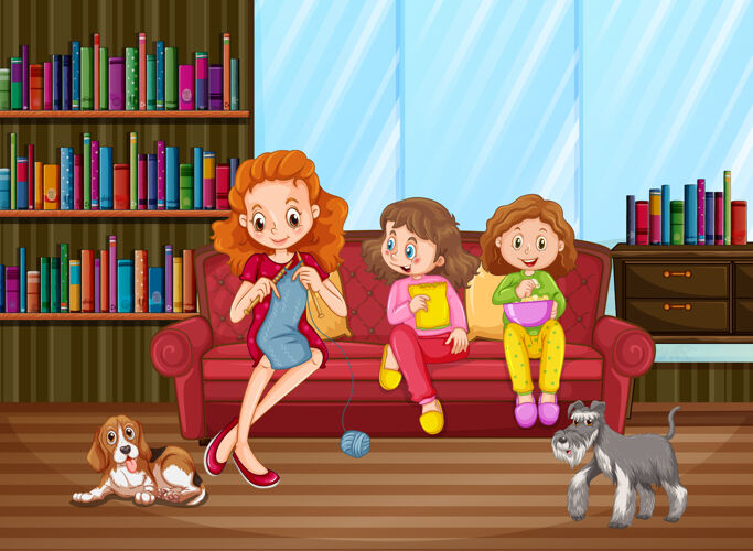 艺术家妈妈和女儿在客厅里卡通狗家庭