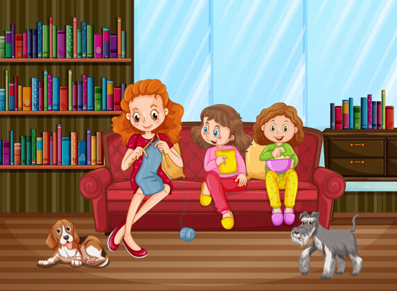 艺术家妈妈和女儿在客厅里卡通狗家庭