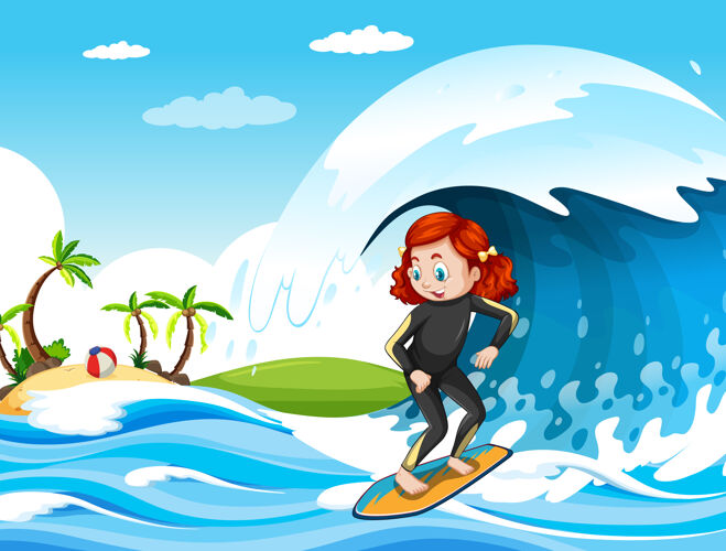 站大海浪在海洋场景与女孩站在冲浪板上娱乐水热