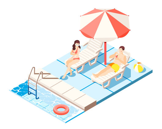 人水上乐园等距构成 带有游泳池和躺椅符号插图五颜六色游泳池等长