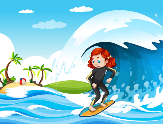 站大海浪在海洋场景与女孩站在冲浪板上娱乐水热