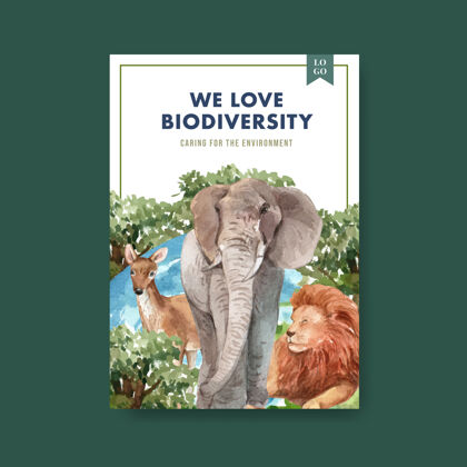野生动植物海报模板与生物多样性作为自然野生动物物种或动物保护绿色海报模板多样性