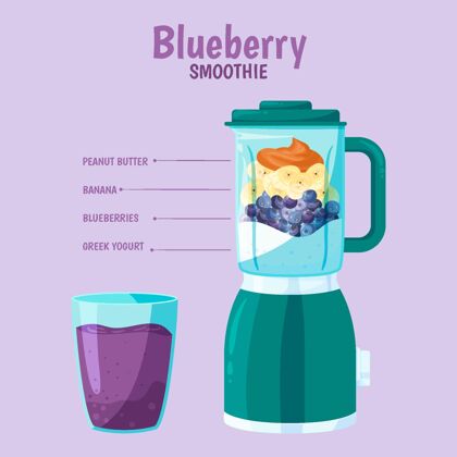 新鲜详细的蓝莓奶昔在搅拌机玻璃水果冰沙蓝莓