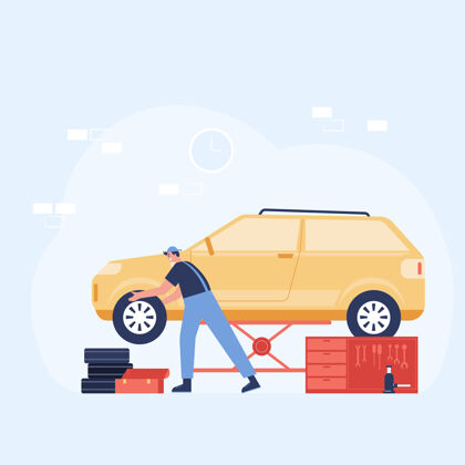 工具汽车维修保养服务概念图员工在车库里检查和维修汽车平面图液压发动机工人