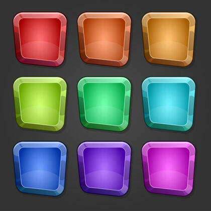 资产一套五颜六色的正方形卡通设计光泽按钮设置与按下版本绿色集合Gui