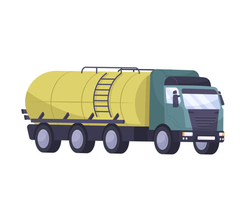 炼油厂石油工业平面组成与孤立的形象 卡车油箱为石油采矿桶卸载