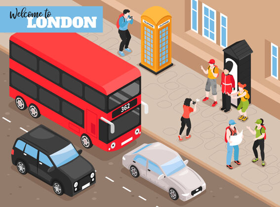 伦敦欢迎来到伦敦等角插图与复古交通和游客拍照旁边的皇家卫队箱等角旅游观光盒子