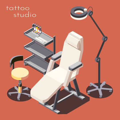 广告纹身工作室专业家具设备等距插图与客户扶手椅工作站落地灯灯等轴测地板