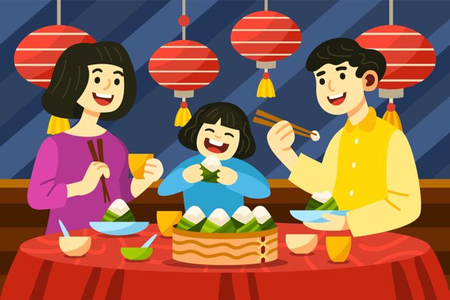 传统卡通龙舟一家准备吃粽子插画节日家庭准备粽子粽子