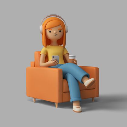 电话3d女性角色坐在椅子上 戴着耳机 喝着咖啡姿势人物设备