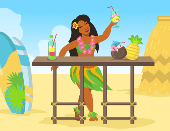 田园诗在海滩上卖异国情调鸡尾酒饮料的夏威夷女人自然卢奥服装
