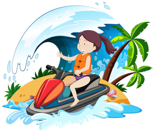 自然一个女人骑摩托艇卡通人物隔离在白色背景童年海洋人类