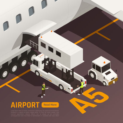 飞机机场等距图 飞机和人装载行李到飞机上行李机场等轴测