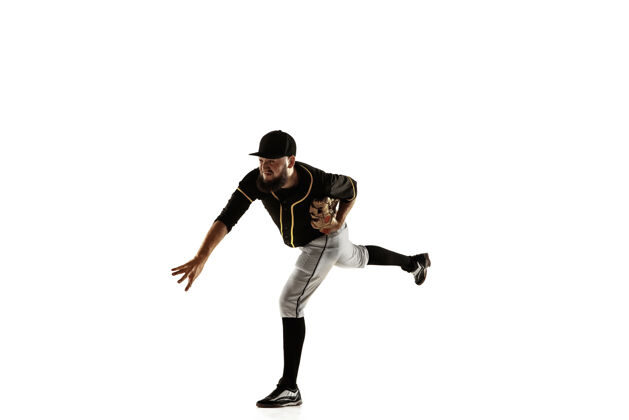 人棒球运动员 穿着黑色制服的投手 在白色背景下练习和训练背景赢家比赛