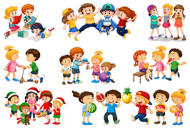 女性一组不同的孩子玩他们的玩具卡通人物隔离在白色背景上表情男性活动