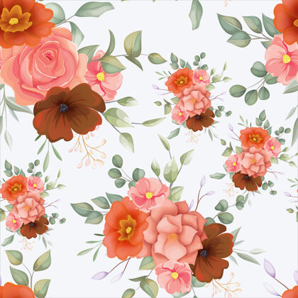 开花美丽的手绘花卉与波西米亚花卉装饰无缝模式树叶墙纸水彩