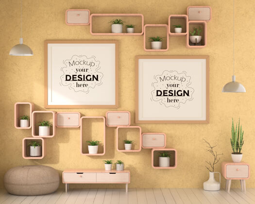 家具客厅模型中的海报框架锅桌子3d墙