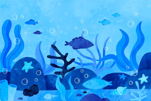 海洋手绘水彩画世界海洋日插画生态水彩画手绘