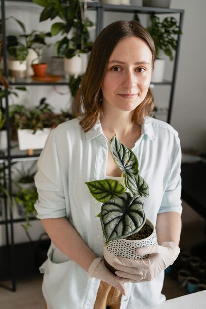 植物学拿着花盆的女人叶子植物学生长