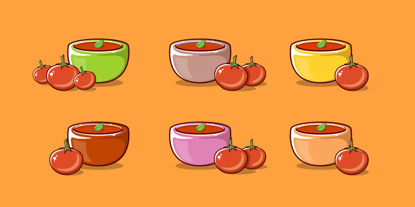 卡通可爱的西红柿汤配碗和西红柿盘子汤食物