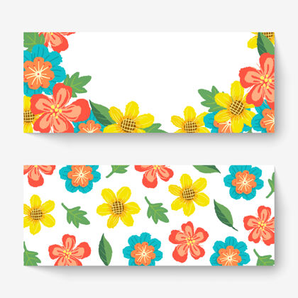 设置春季花卉横幅模板与五颜六色的花朵花束浪漫自然