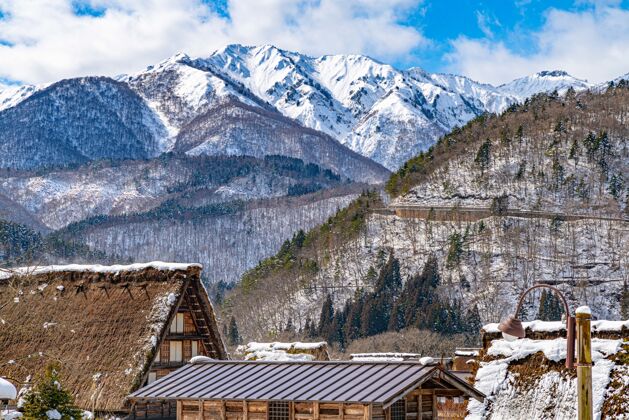 自然日本美丽的乡村屋顶 松树和雪山景观火山山峰日本