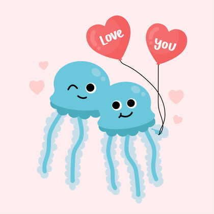 情人节可爱的水母夫妇与气球在心形和文字爱你可爱颜色卡通