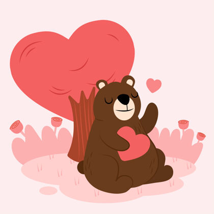 情人节卡通熊人物爱上了心和树人物微笑情感