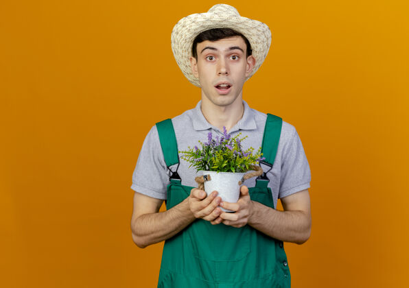 橙色惊讶的年轻男园丁戴着园艺帽在花盆里捧着花年轻复制花盆