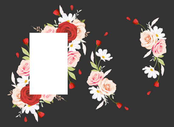 框架美丽的花卉框架与水彩画粉红和红玫瑰玫瑰花植物花环