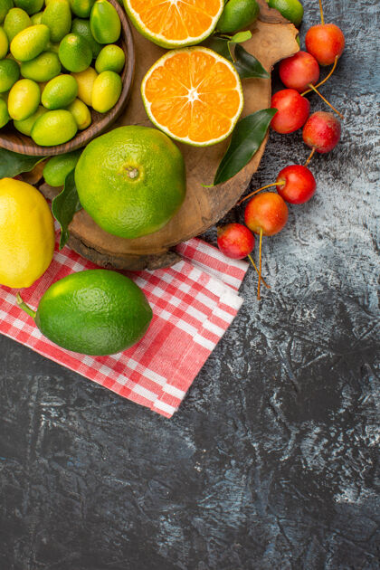 樱桃顶部特写查看柑橘水果苹果樱桃桌布柑橘水果板桌布健康酸橙