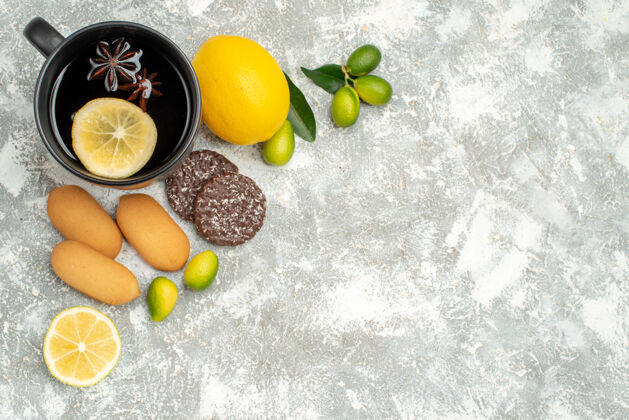 饼干顶视图甜品一杯柠檬曲奇柑橘水果茶葡萄农产品多汁
