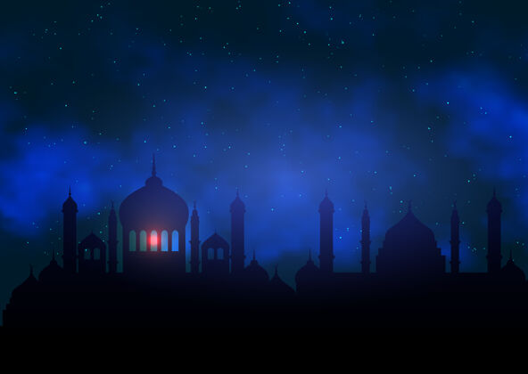 背景阿拉伯背景与清真寺剪影映衬夜空文化宗教灯笼