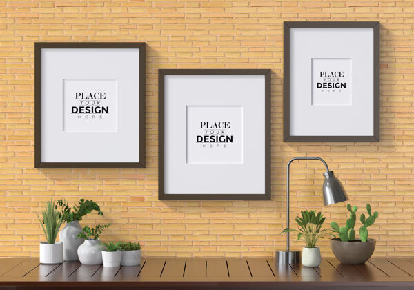 家具海报框架模型在墙上与植物房子室内花卉