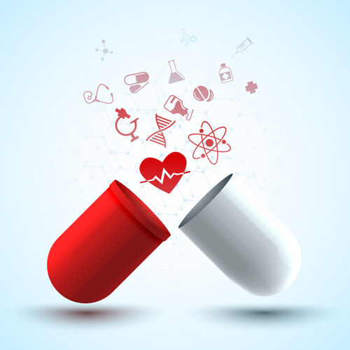 包装医学设计海报与原来的药用胶囊组成的红色和白色部分和不同的医疗对象药品传单横幅