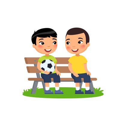 欢呼两个拿着足球的亚洲小男孩坐在长凳上童年休息坐