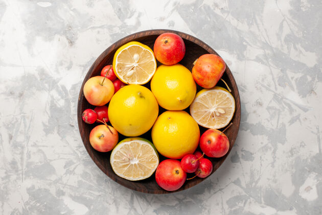番茄顶视图新鲜柠檬整个和切片的空白空间柑橘生的可食用水果