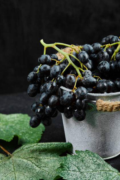 一串一桶黑葡萄 黑色背景上有叶子高质量的照片优雅桶装正面视图
