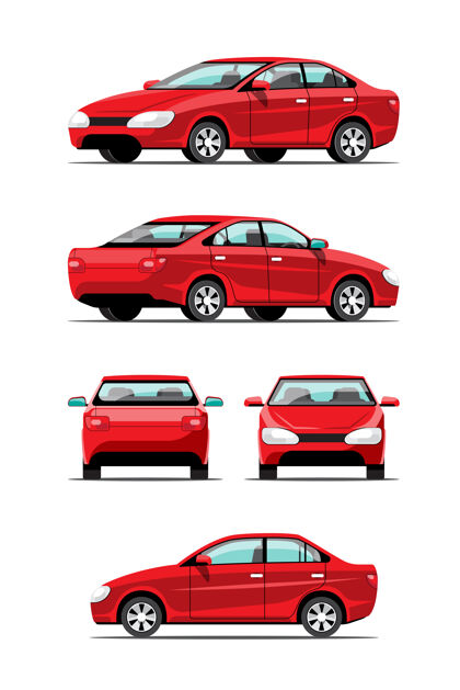 汽车捆绑设置侧视图的自动轿车或乘用车侧 前 后 顶视图上的白色背景 平面插图轿车汽车赛车