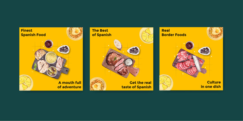 地中海广告模板与西班牙菜营销水彩插图概念设计餐厅汤鸡肉