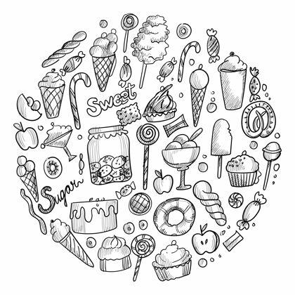 面包房手绘素描涂鸦糖果冰淇淋糖果设计涂鸦手绘圆形